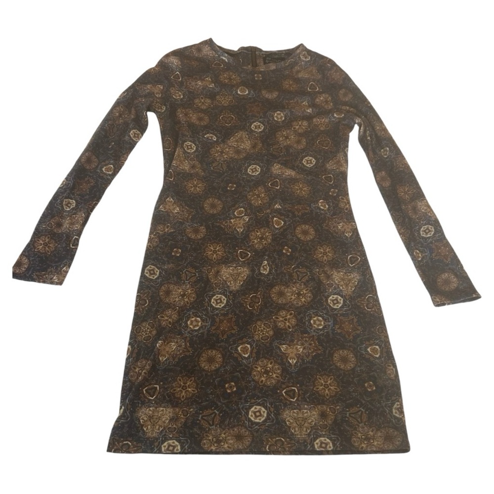 Torn by Robby Kobo printed long sleeve bodycon mini dress brown tan blue